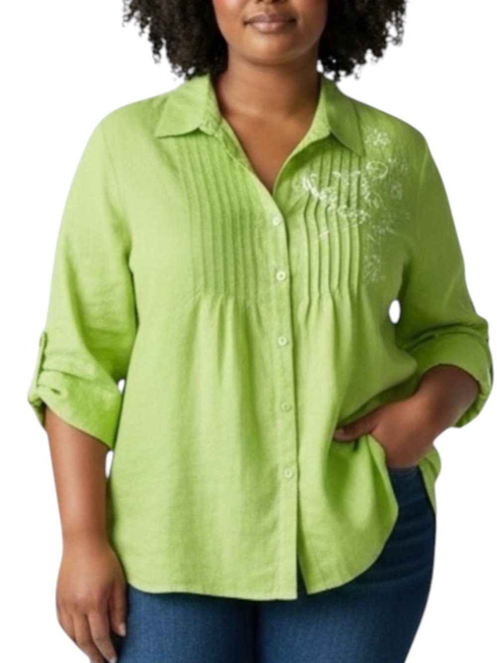 CARROLL REED Woman 100% Linen Lime Button-Down Shirt Size 1X